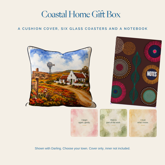 Coastal Home Gift Box: West Coast cushion cover, Daily Anchors coasters and African Sunrise notebook