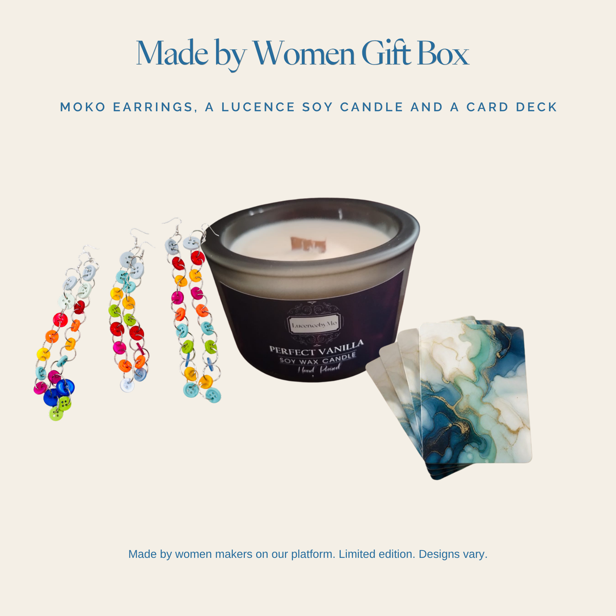 Made by Women Gift Box: Moko earrings, Lucence candle and card deck