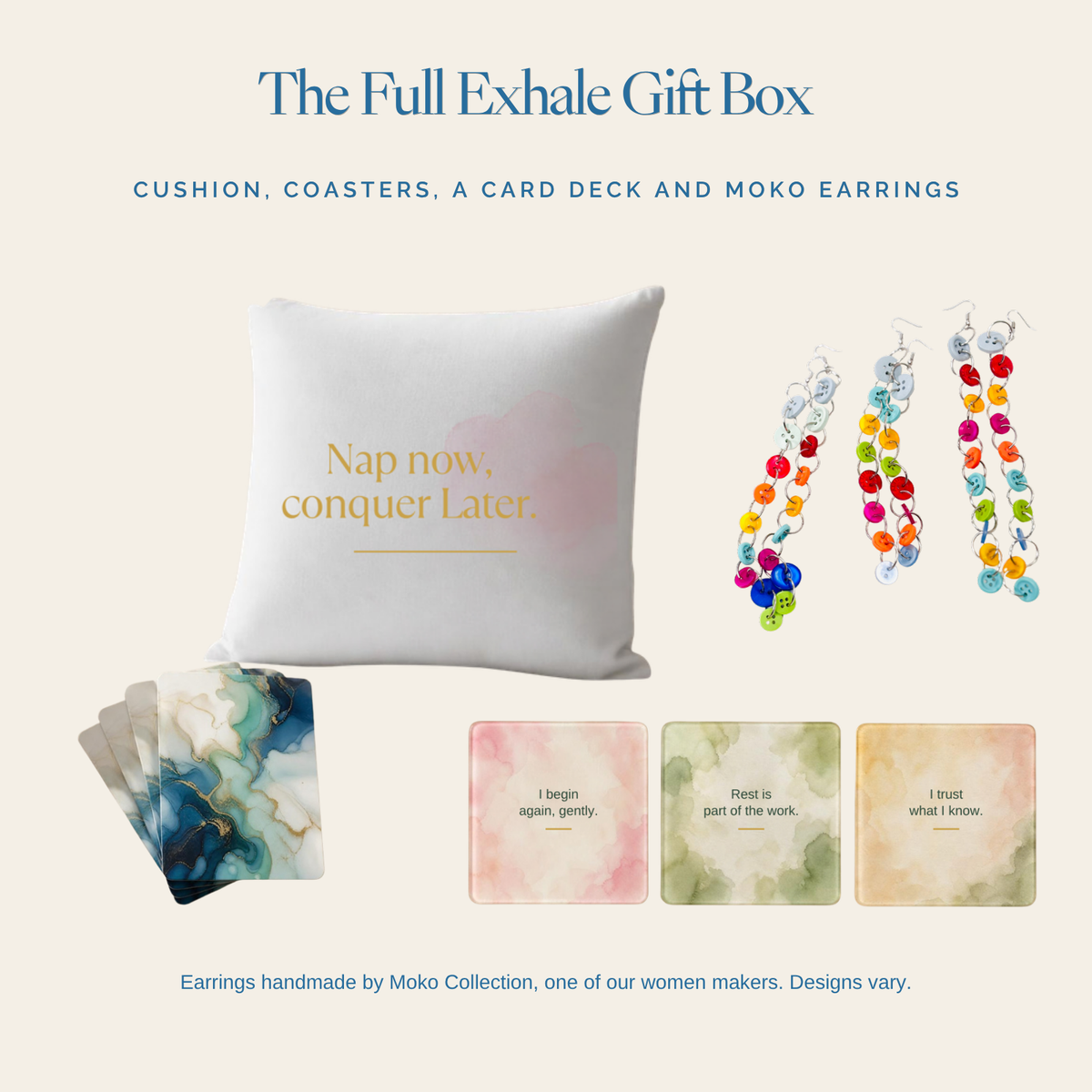 The Full Exhale Gift Box: cushion, coasters, card deck and Moko earrings