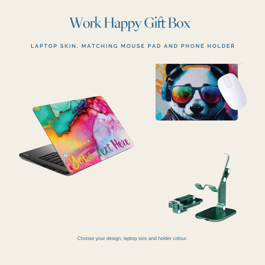 Work Happy Gift Box: laptop skin, matching mouse pad and phone holder