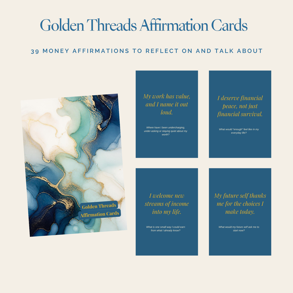 Golden Threads money affirmation cards deck with cover and four cards