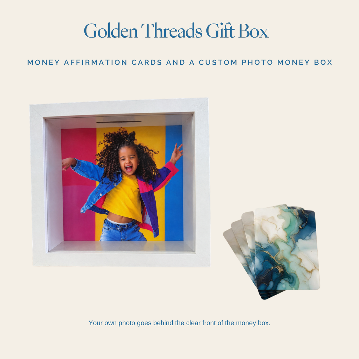 Golden Threads Gift Box: money affirmation cards and custom photo money box