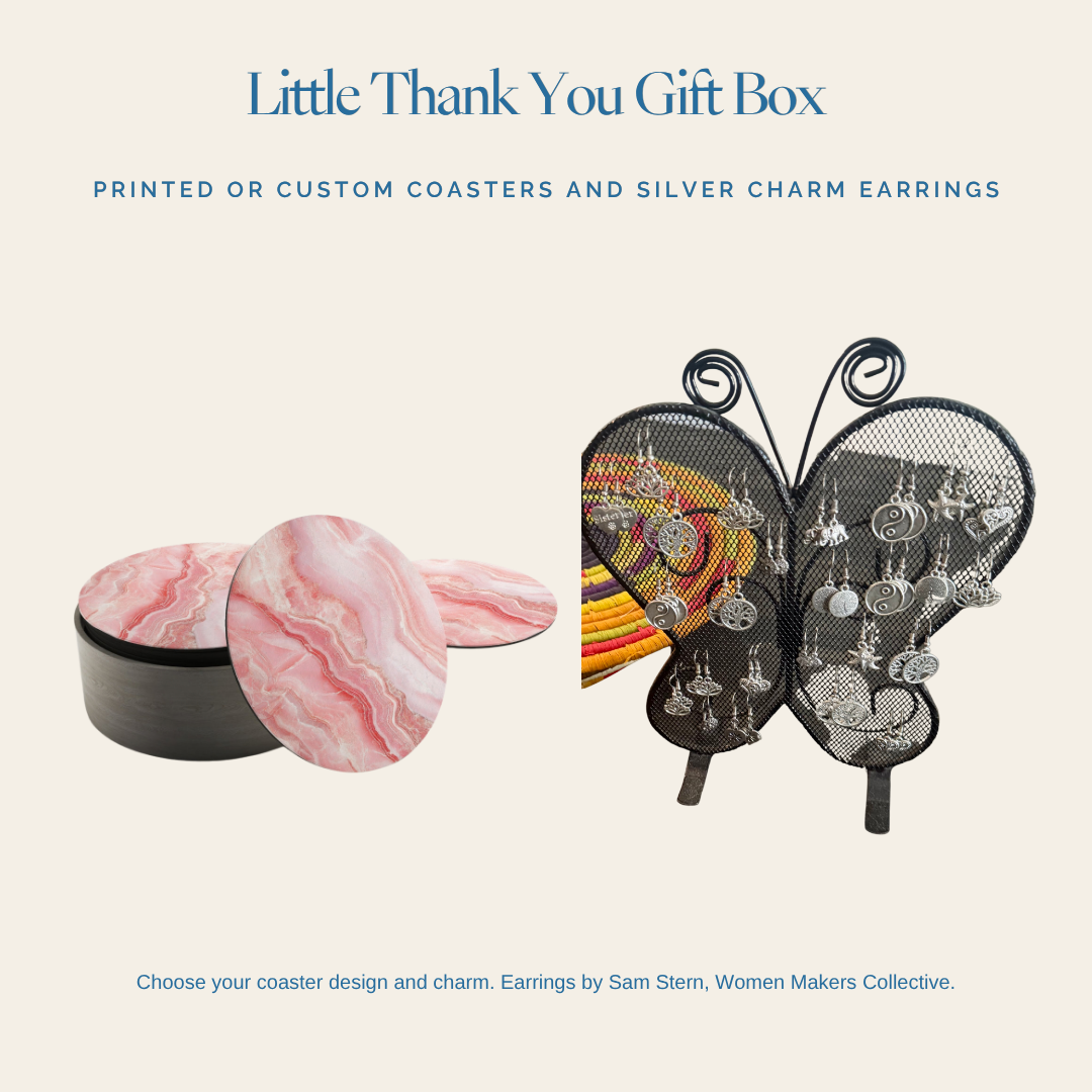 Little Thank You Gift Box: printed coasters and silver charm earrings
