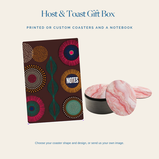 Host & Toast Gift Box: printed coasters and African Sunrise notebook