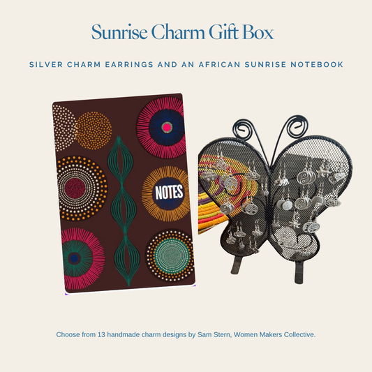 Sunrise Charm Gift Box: silver charm earrings and African Sunrise notebook