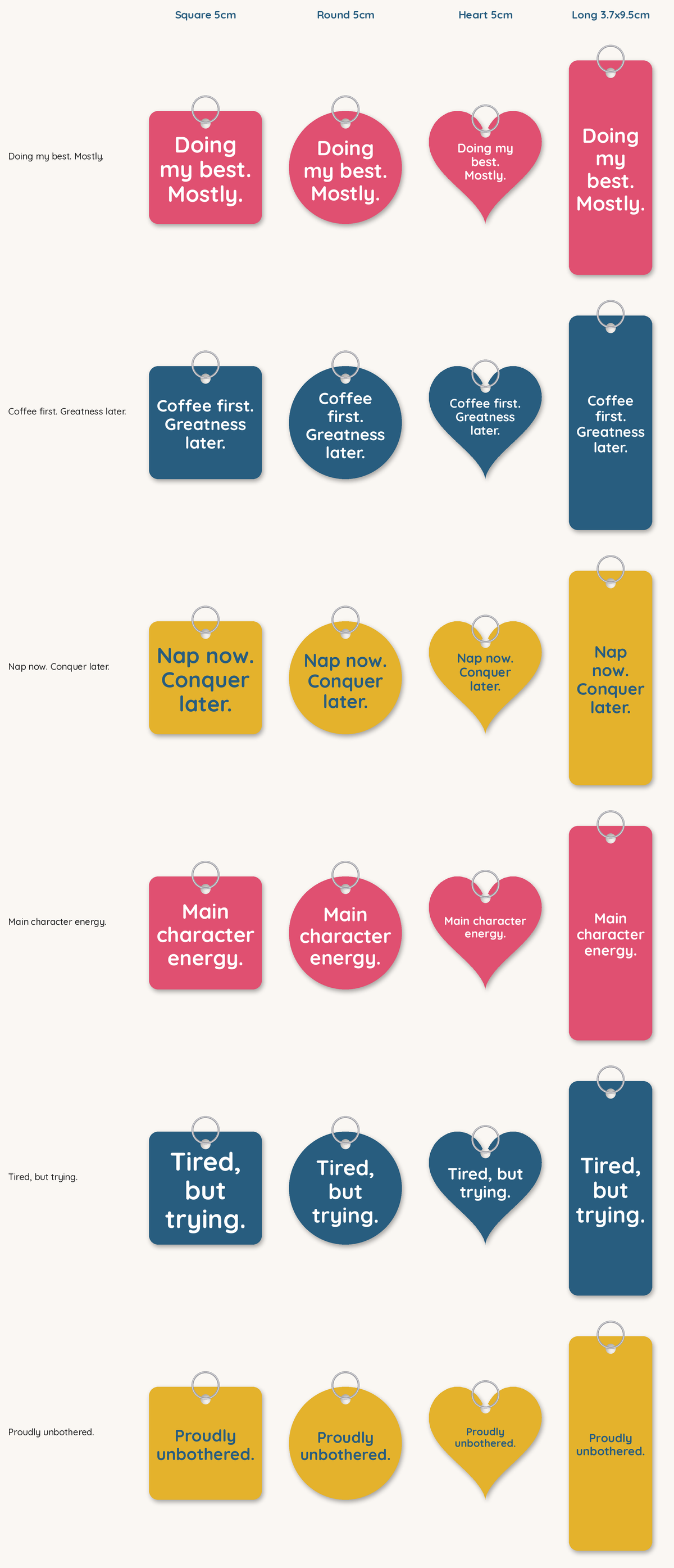 All six cheeky keyring lines shown on each shape in colour