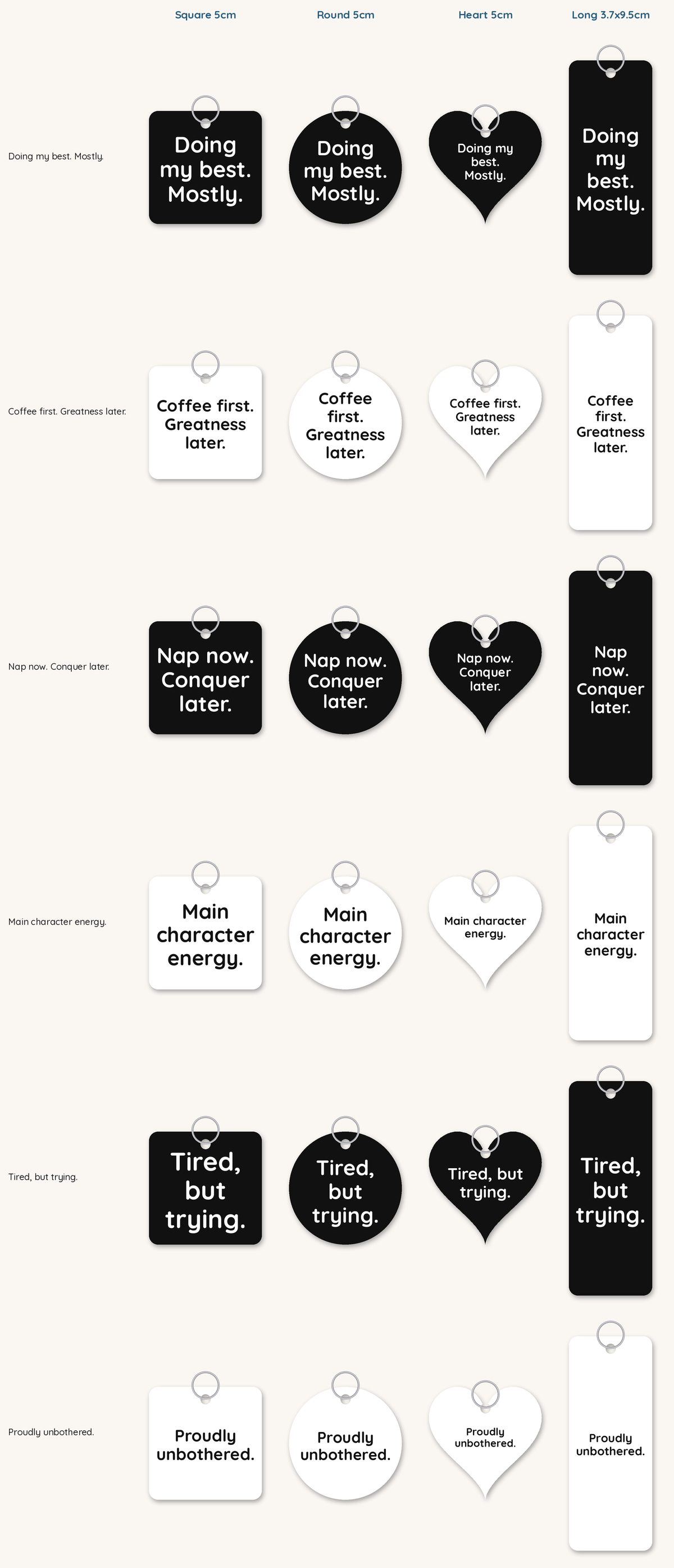 All six cheeky keyring lines shown on each shape in black and white