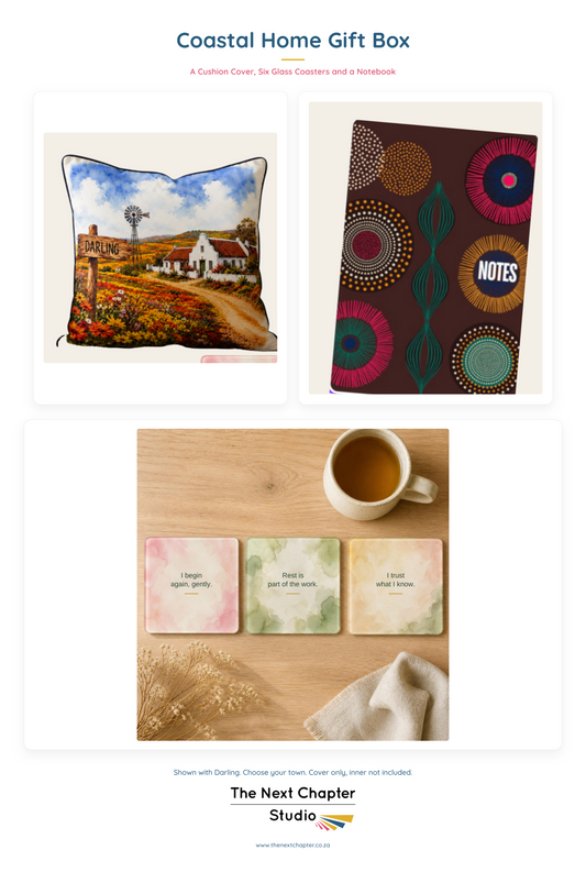 Coastal Home Gift Bundle – West Coast Cushion Cover, Notebook & Coasters