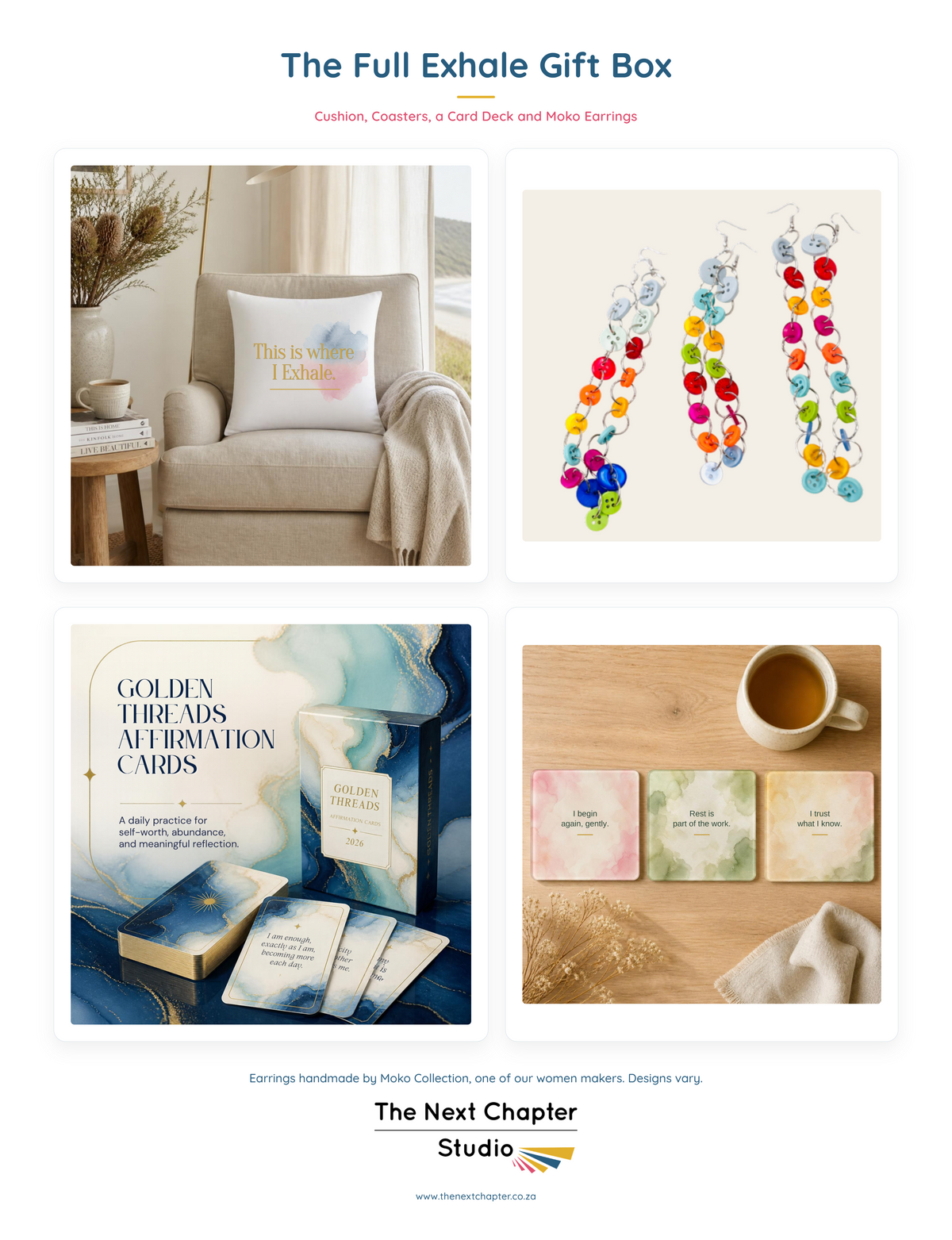 The Full Exhale Gift Bundle – Cushion, Coasters, Cards & Moko Earrings