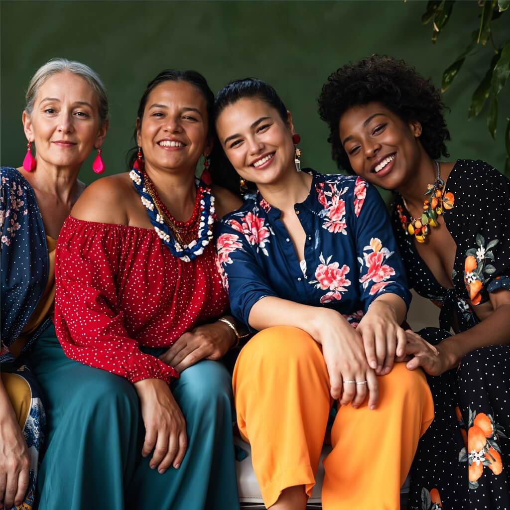 4 vibrant women sitting together