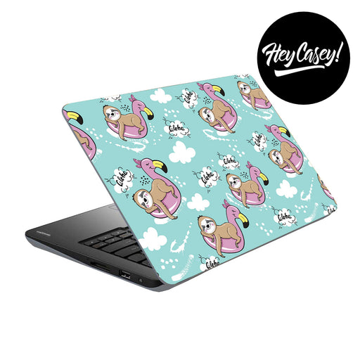 vinyl laptop skin with sloth and flamingo design