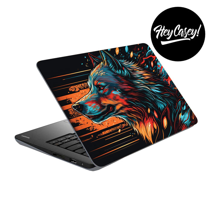 vinyl laptop skin with vibrant dog wolf design
