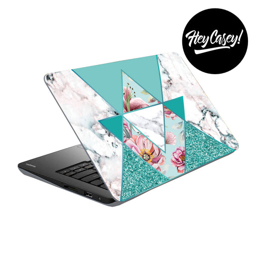 vinyl laptop skin with a floral, glitter and marble quartz design