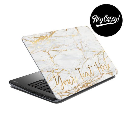 vinyl laptop skin with gold and white marble design and space to add custom text
