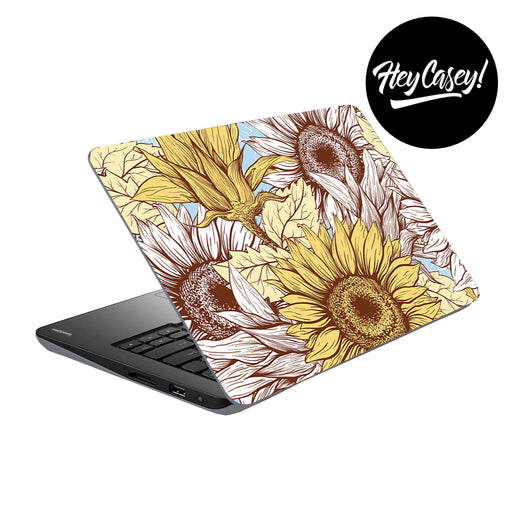 vinyl laptop skin with line design of sunflowers in pastel yellows and blues