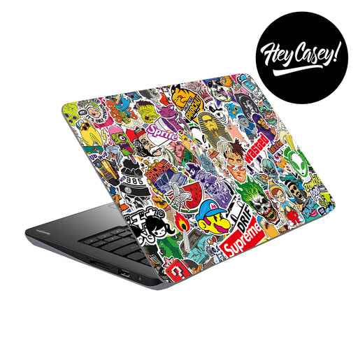 vinyl laptop skin with an edgy sticker collage design