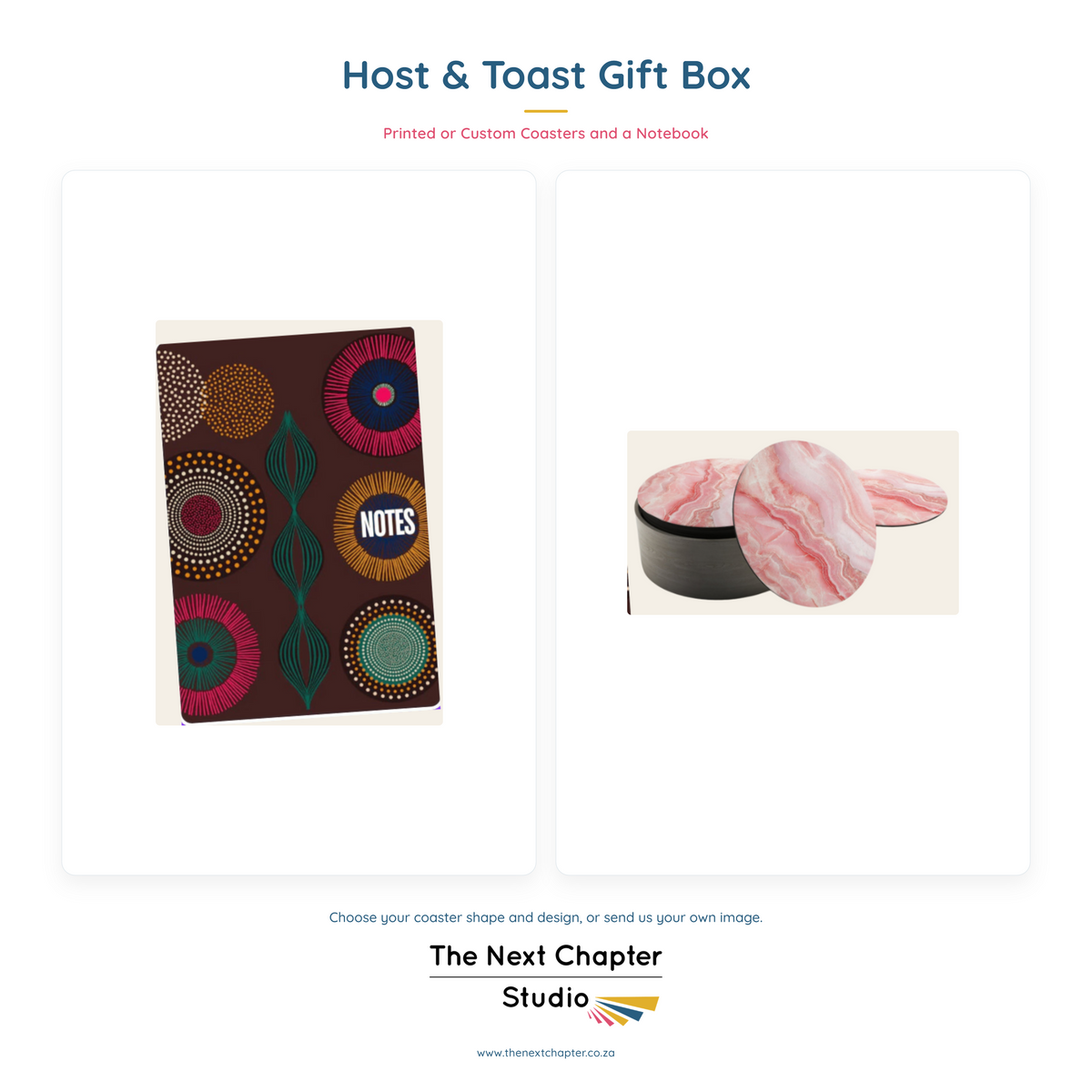 Host & Toast Gift Bundle – Printed or Custom Coasters & African Sunrise Notebook