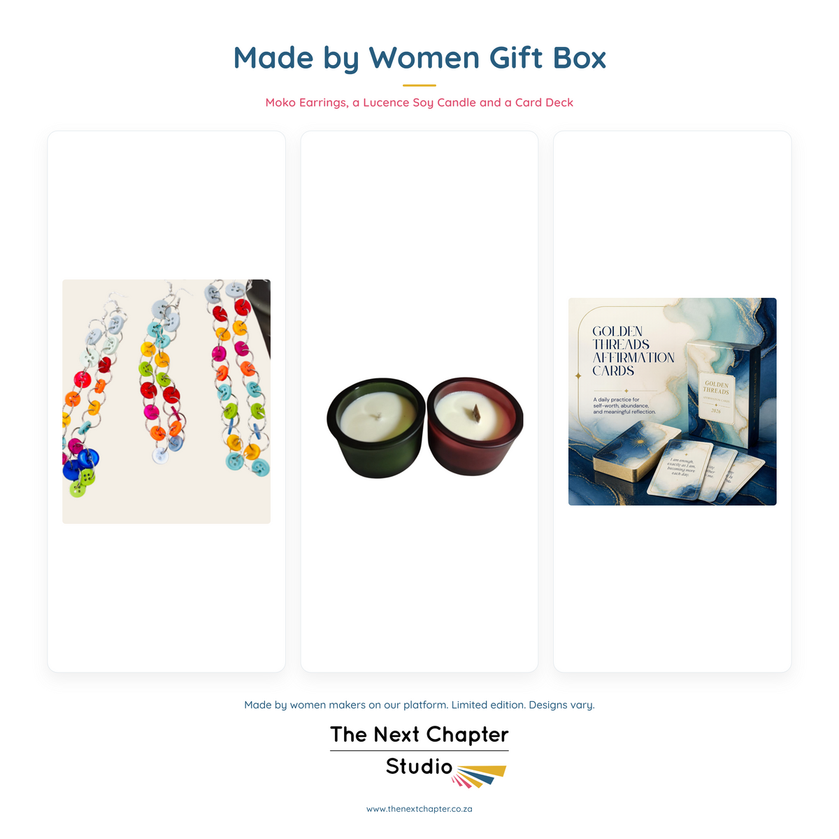 Made by Women Gift Bundle – Moko Earrings, Lucence Candle & Affirmation Cards (Limited)