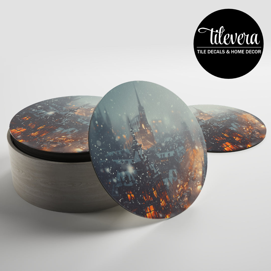Set of coasters with a design of a snowy city at night