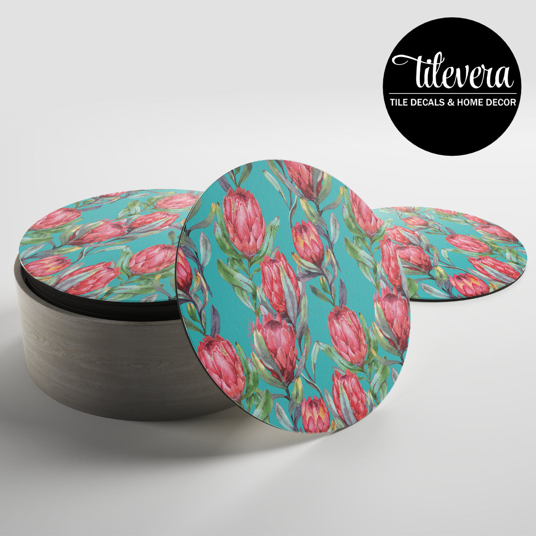 Set of coasters with a protea design