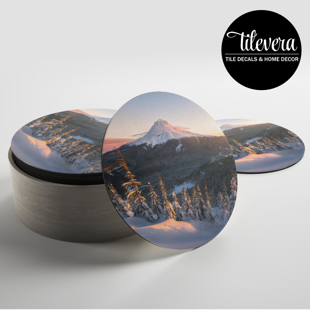 Set of coasters with a snowy mountain design
