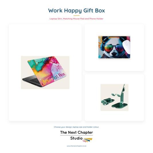 Work Happy Gift Bundle –Laptop Skin & Mouse Pad, Plus Phone Holder