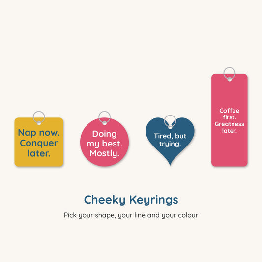 Cheeky Keyrings in square, round, heart and long shapes in pink, blue and gold