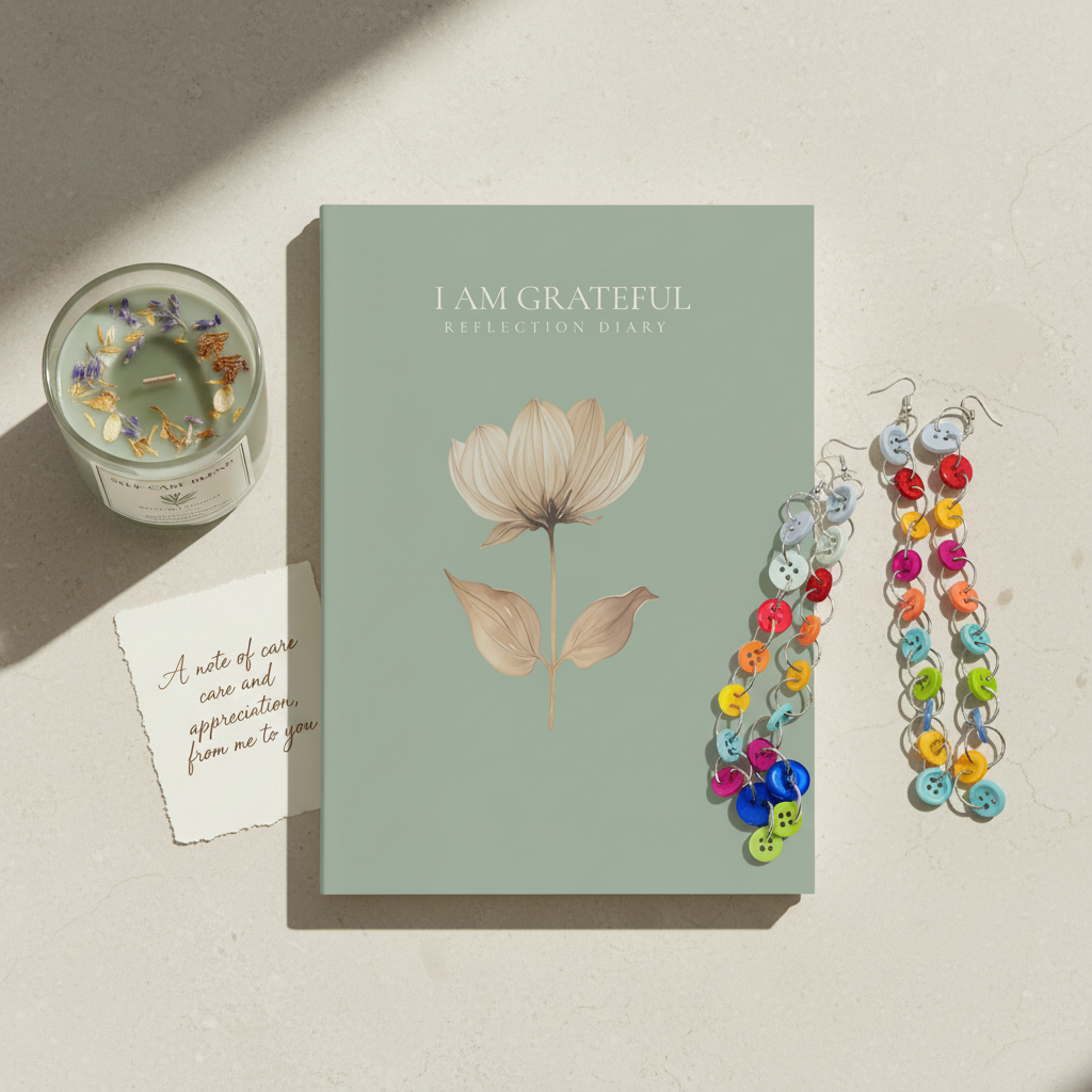 Valentine's square flat lay - Reflection Diary, Earrings & Candle